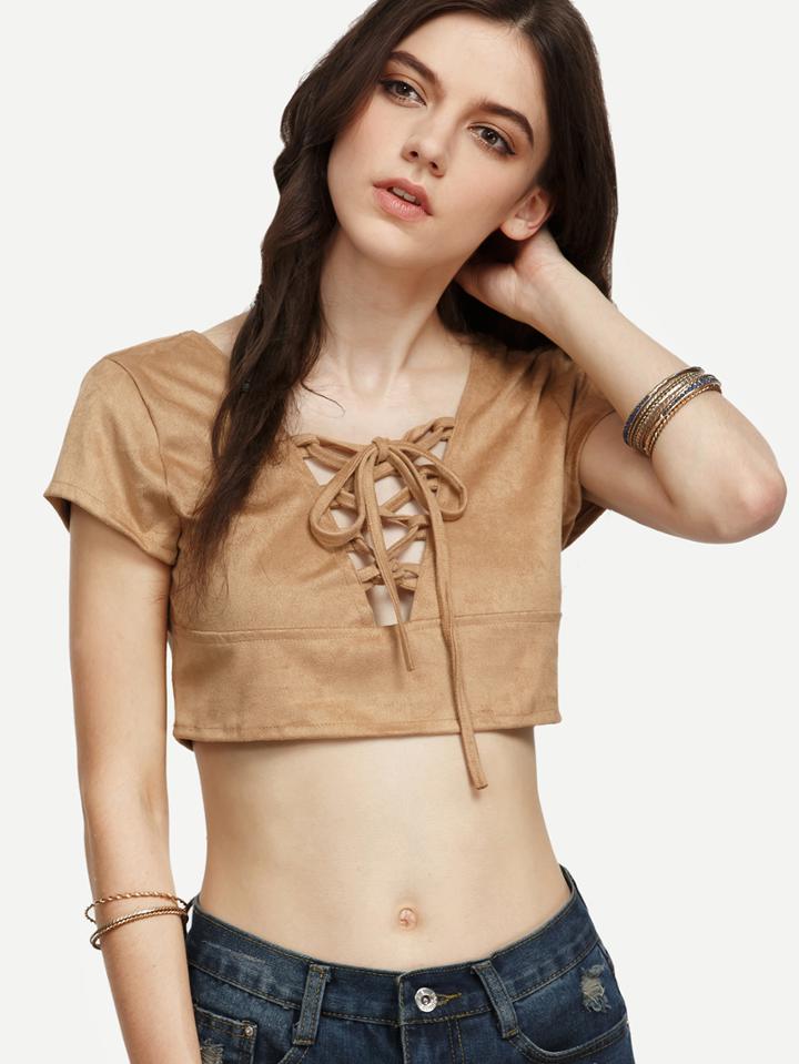 Romwe Brown Faux Suede Lace Up Crop Top