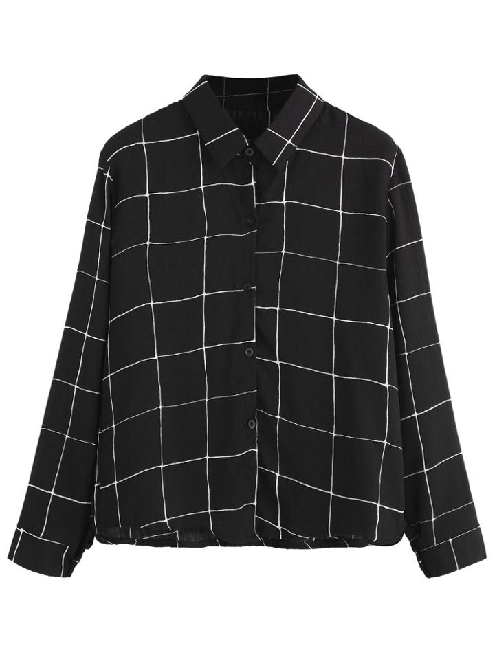 Romwe Black Plaid Buttons Shirt