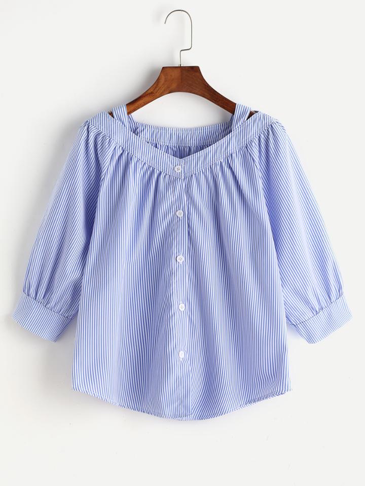 Romwe Vertical Pinstripe V-neckline Blouse