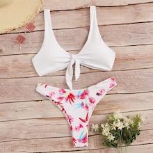 Romwe Knot Front Top With Floral High Cut Bikini Set