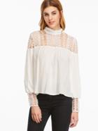 Romwe White Cowl Neck Embroidered Lace Shoulder And Cuff Top