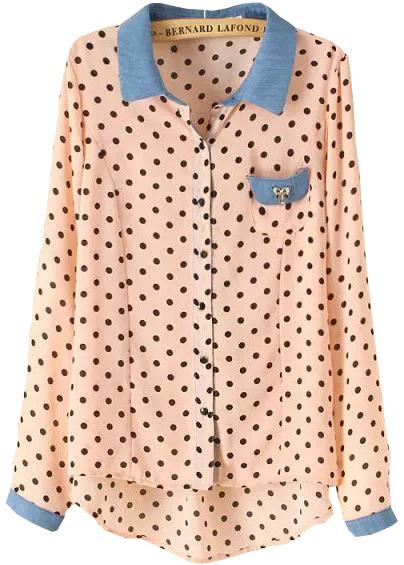 Romwe Contrast Collar Dip Hem Polka Dot Pink Blouse