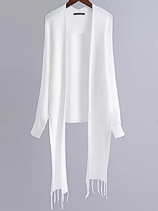 Romwe White Long Sleeve Fringe Poncho Sweater