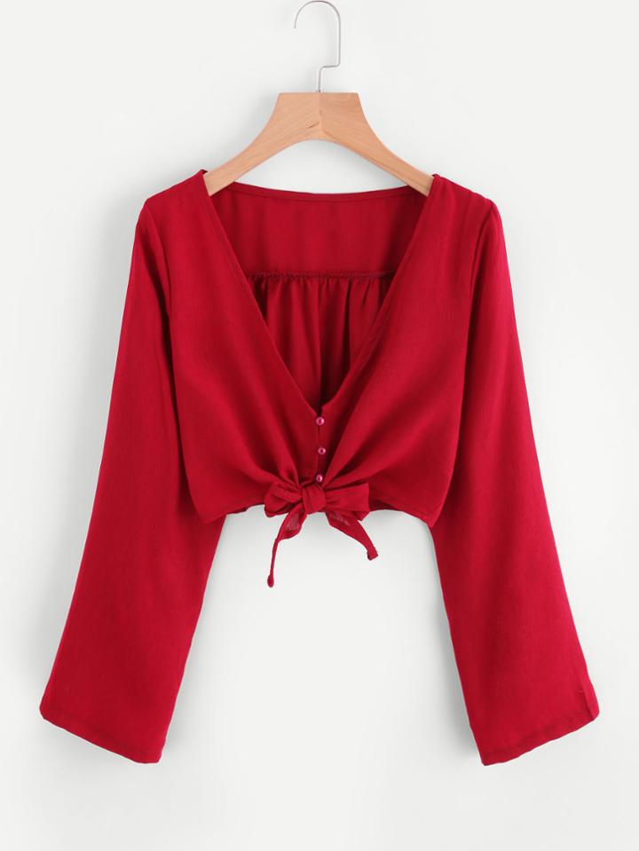 Romwe Deep V Neck Bow Tie Front Crop Top