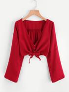 Romwe Deep V Neck Bow Tie Front Crop Top