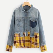 Romwe Single Breasted Plaid Panel Denim Jacket