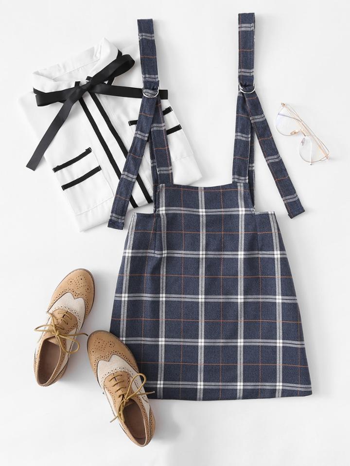 Romwe Checked Pinafore Skirt