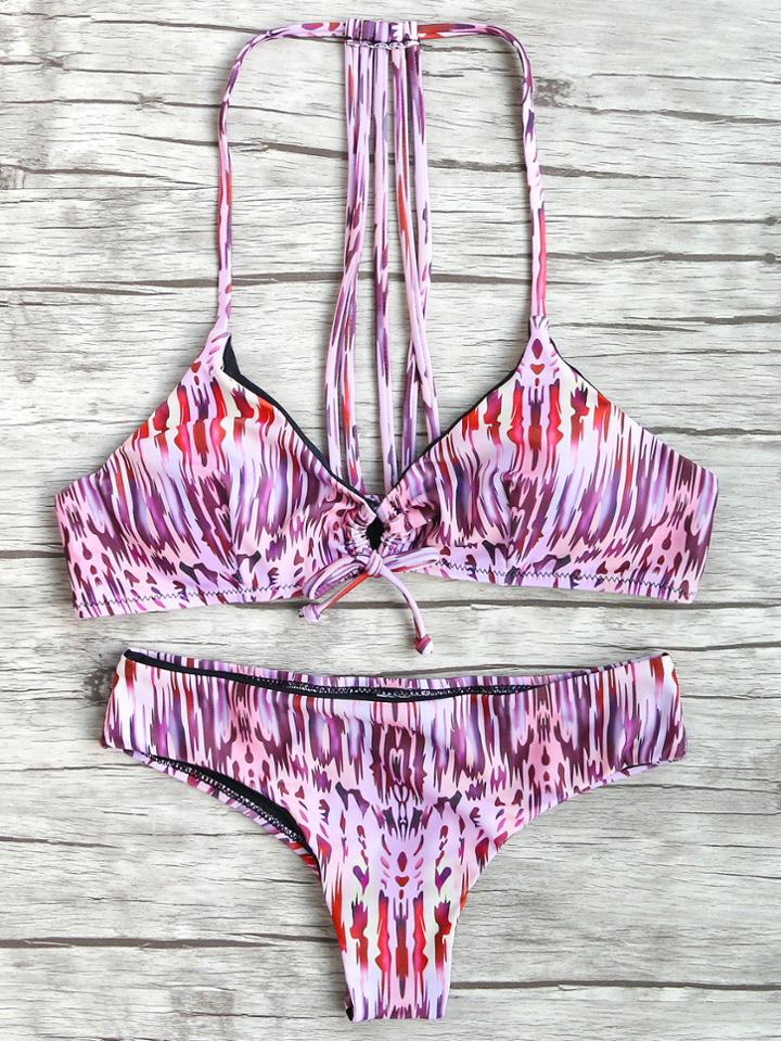 Romwe Multicolor Printed Strappy Back Tied Bikini Set