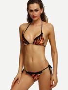 Romwe Brown Tiger Print Shirred Trim Bikini Set