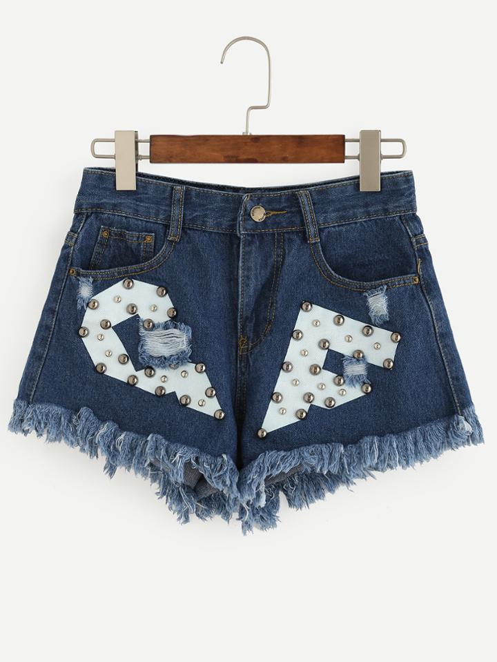 Romwe Blue Letter Print Studded Frayed Denim Shorts
