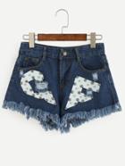 Romwe Blue Letter Print Studded Frayed Denim Shorts