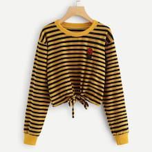 Romwe Striped Appliques Knot Hem Sweatshirt