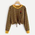 Romwe Striped Appliques Knot Hem Sweatshirt