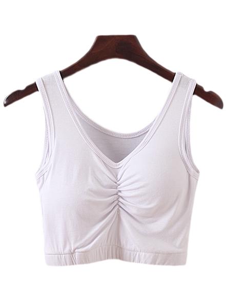 Romwe White V Neck Pleated Yoga Camis Top With Chest Pad