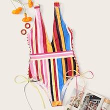 Romwe Lace-up Side Striped Deep V One Piece Swimsuit