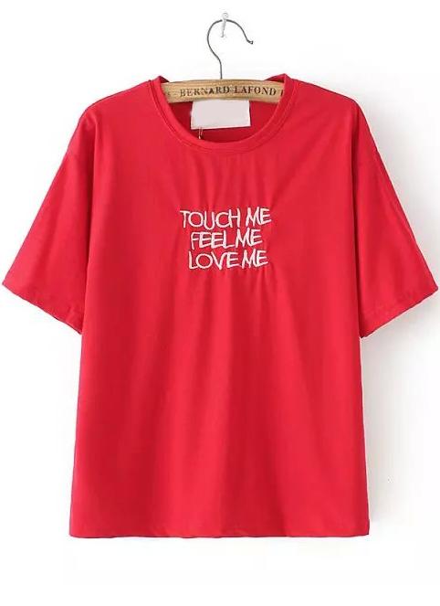Romwe Letters Embroidered Red T-shirt