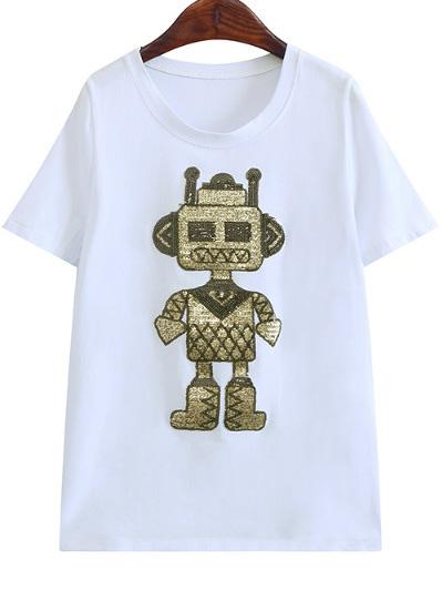 Romwe With Sequined Robot Pattern White T-shirt
