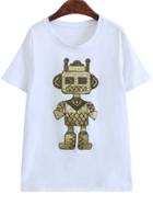 Romwe With Sequined Robot Pattern White T-shirt
