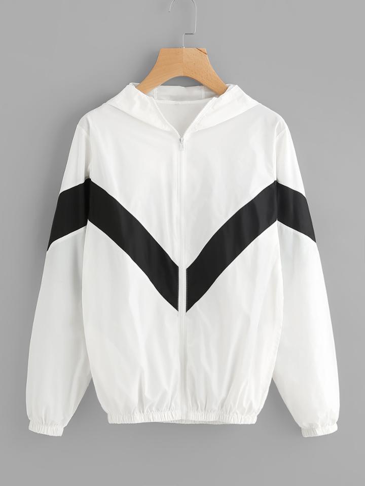 Romwe Hooded Chevron Stripe Zip Up Jacket