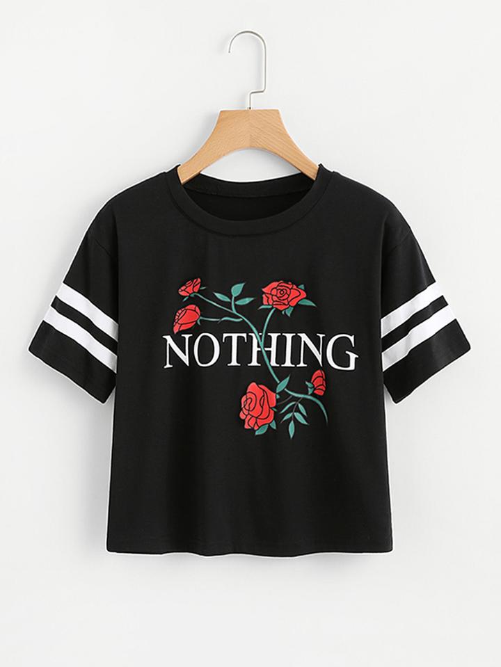 Romwe Varsity Striped Floral Print Tee