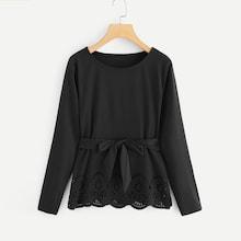 Romwe Self Tie Waist Laser Cut Tee