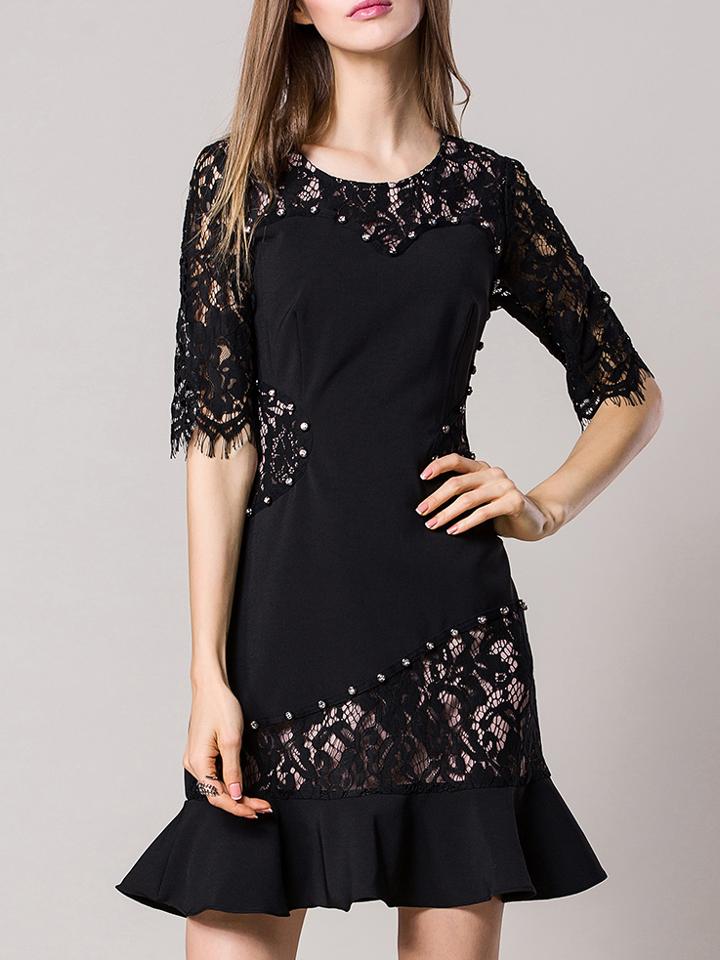 Romwe Black Crew Neck Flounce Contrast Lace Dress