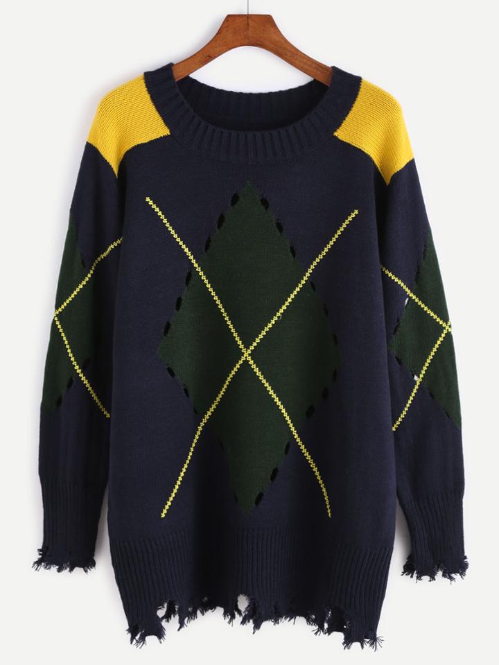 Romwe Navy Contrast Eyelet Distressed Sweater