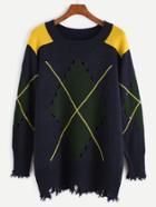 Romwe Navy Contrast Eyelet Distressed Sweater