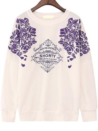 Romwe Round Neck Vintage Print White Sweatshirt