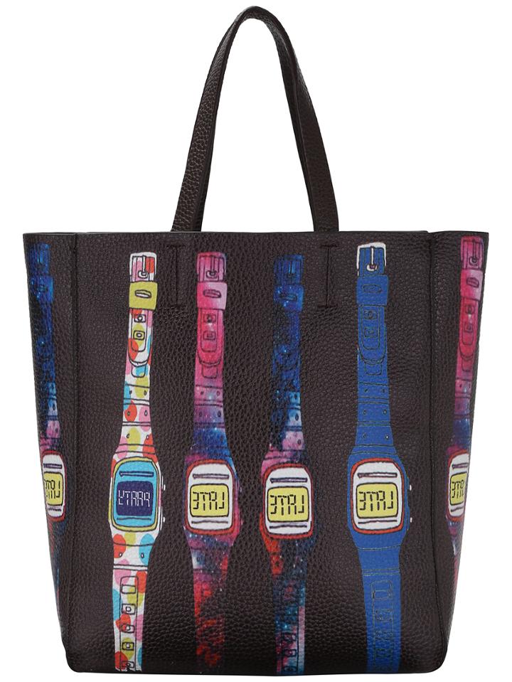 Romwe Watch Print Tote With Top Zipper Crossbody Bag