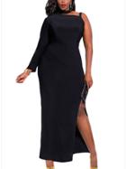 Romwe Plus Size One-shoulder Slit Maxi Dress - Black