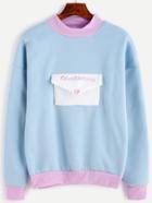 Romwe Pale Blue Contrast Trim Envelope Pocket Embroidered Sweatshirt