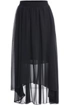 Romwe Black Elastic Waist Asymmetrical Chiffon Skirt