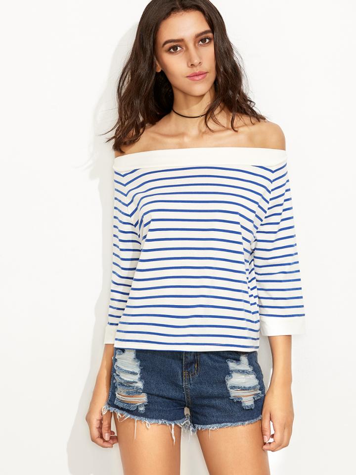 Romwe Blue White Striped Off The Shoulder T-shirt