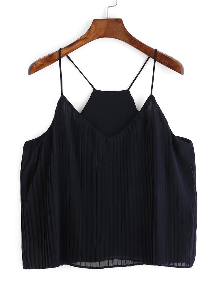 Romwe Spaghetti Strap Chiffon Pleated Navy Cami Top