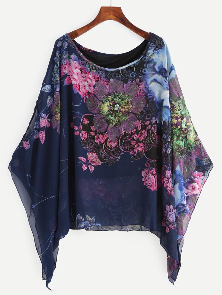 Romwe Navy Flower Print Poncho Blouse