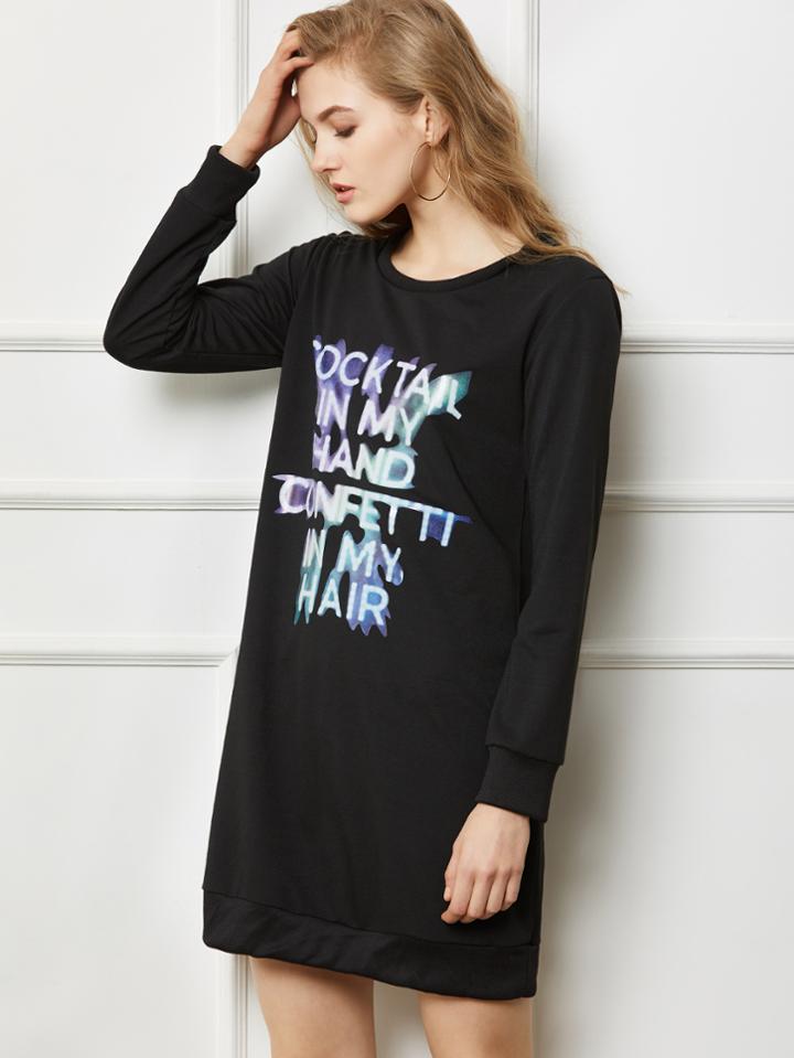 Romwe Black Slogan Print Sweatshirt Dress