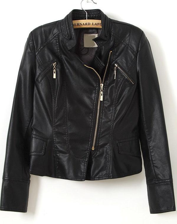 Romwe Stand Collar Oblique Zipper Crop Pu Jacket