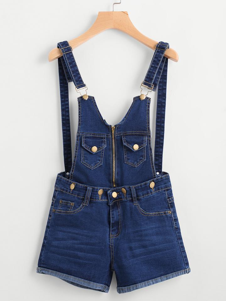 Romwe Zip Up Front Cuffed Chambray Pinafore Playsuit