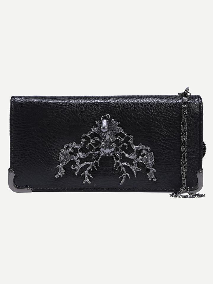 Romwe Metal Deer Head Accent Faux Leather Wallet - Black