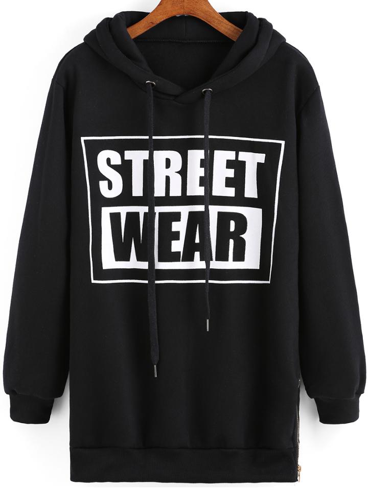 Romwe Black Hooded Street Wear Print Sweatshirt