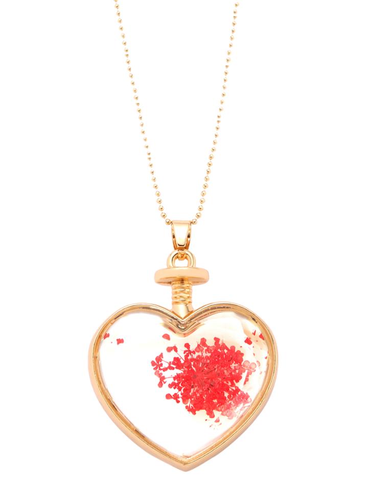 Romwe Red Floral Print Heart Pendant Necklace