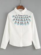 Romwe Lapel Peacock Feathers Embroidered Buttons Blouse