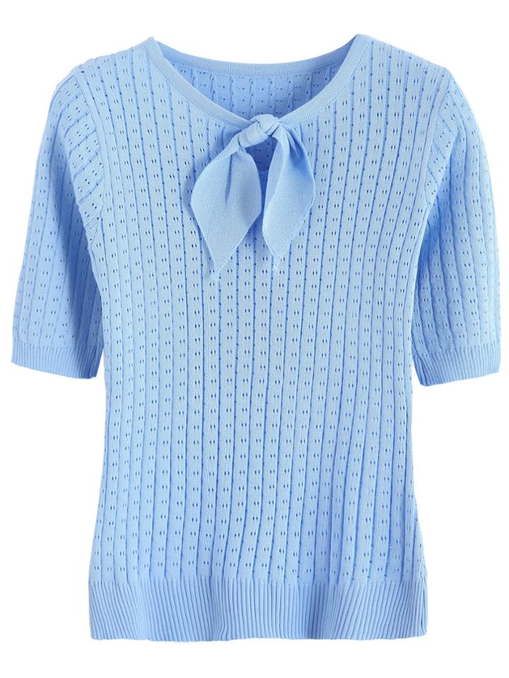 Romwe Blue Tie Neck Ribbed Knitwear