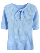 Romwe Blue Tie Neck Ribbed Knitwear