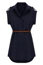 Romwe Romwe Ribbed-cuffs Belted Asymmetric Slim Navy-blue Dress