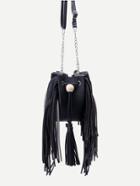 Romwe Black Pu Tassel Trim Drawstring Bucket Bag With Chain