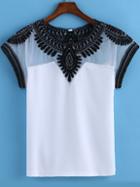 Romwe White Round Neck Embroidered Mesh T-shirt