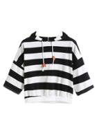 Romwe Black White Striped Dropped Shoulder Seam Drawstring Hooded T-shirt