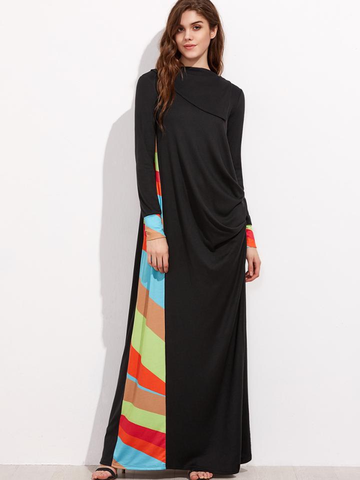 Romwe Colorful Striped Panel And Cuff Drape Side Maxi Dress